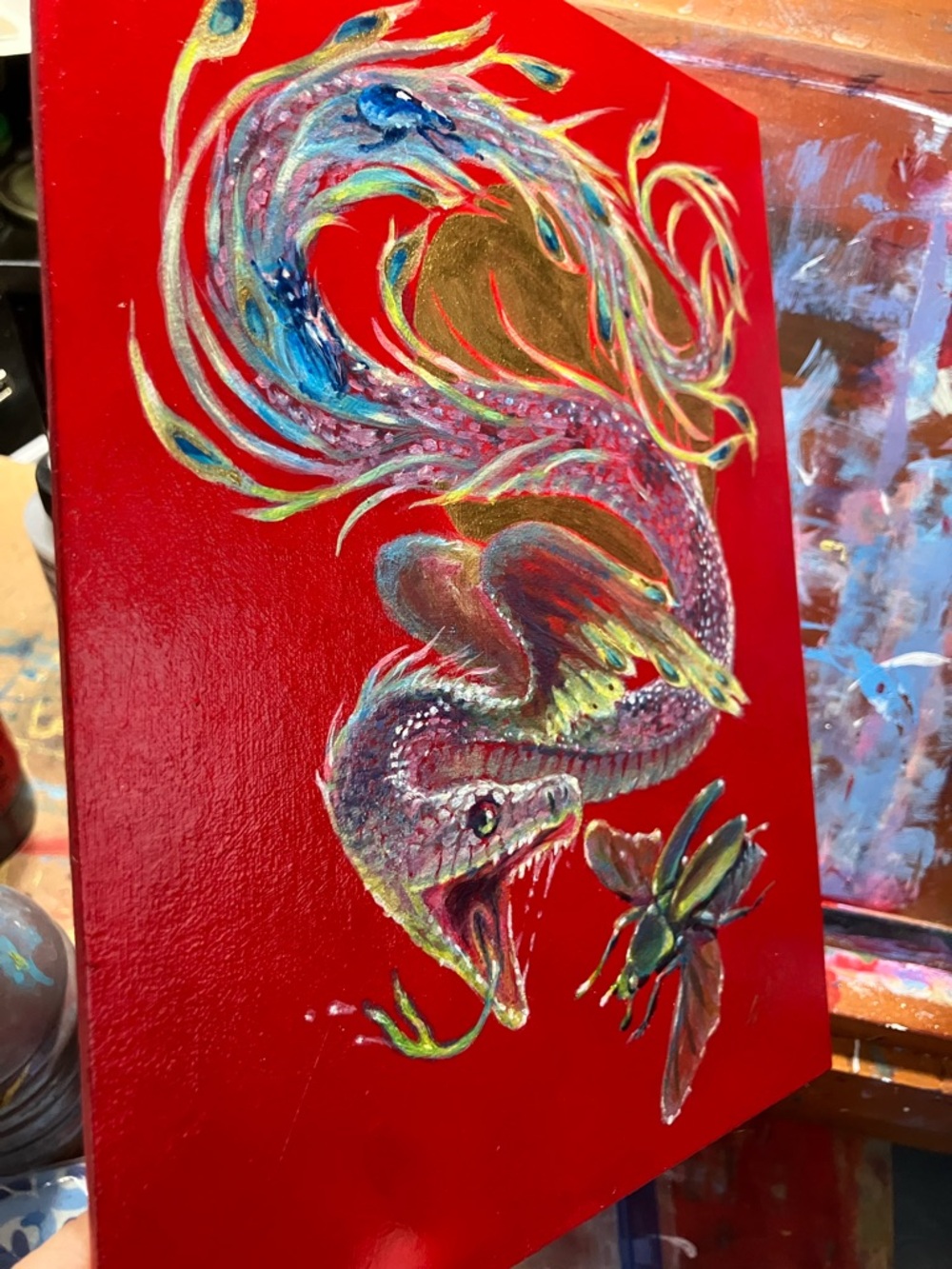 ORIGINAL Snake dragon painting scarab art beetle peacock serpent artwork - Picture 4 of 8